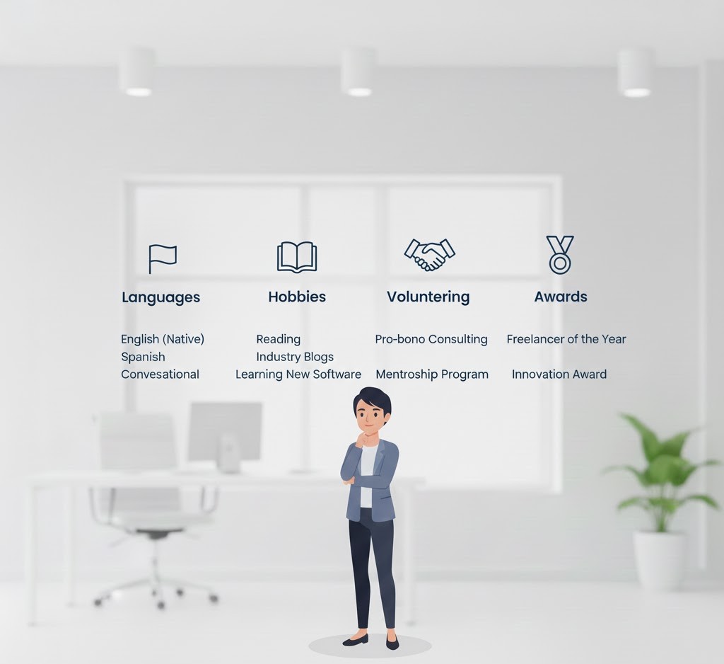 تصویر موارد مهم بخش اضافی رزومه (زبان، سرگرمی، داوطلبی، جوایز)