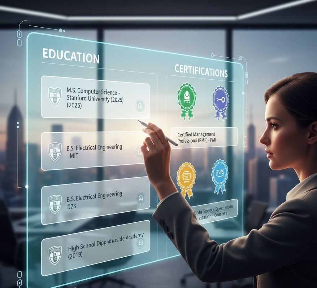 تصویر فهرست کردن مدارک تحصیلی و گواهی نامه ها و در رزومه